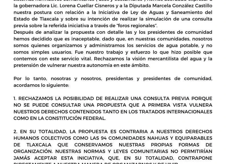 Reiteran Las 94 Comunidades Su Rechazo A La Ley De Aguas Para Tlaxcala