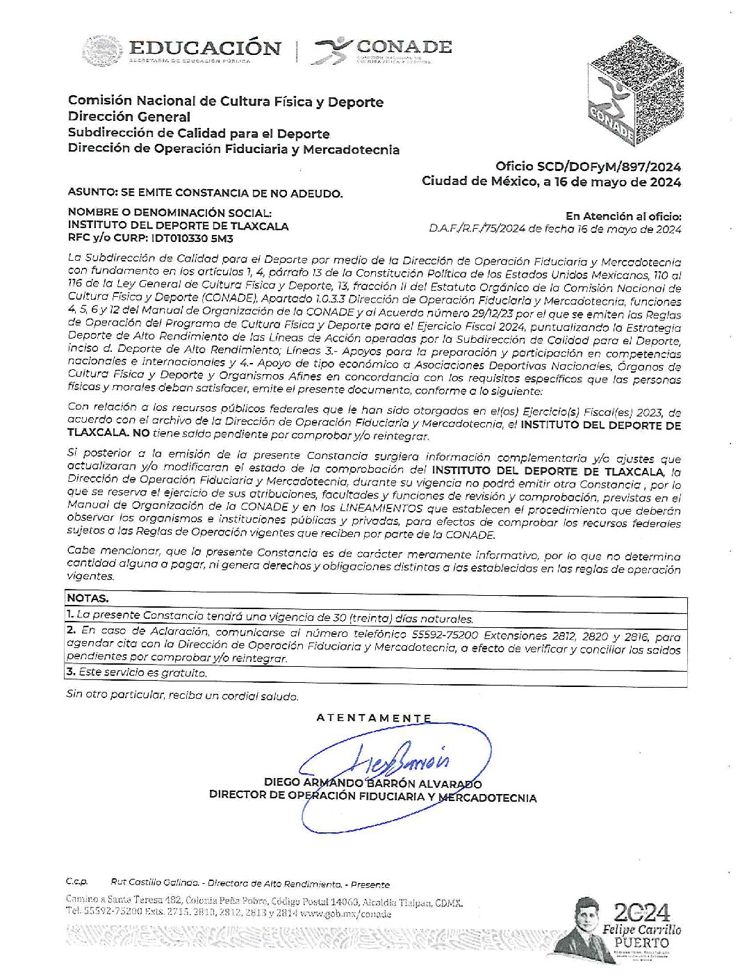 CONADE DETERMINA QUE IDET NO TIENE SALDO PENDIENTE POR COMPROBAR O REINTEGRAR
