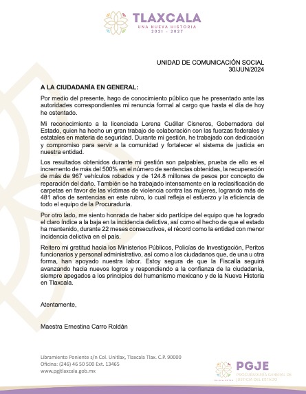 Esta es la carta pública que Ernestina Carro Roldán hizo pública, donde informa su renuncia al frente de la Procuraduría General de Justicia del Estado.