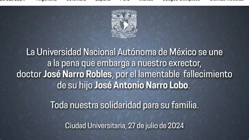 Fallece hijo mayor del ex rector de la UNAM José Narro Robles