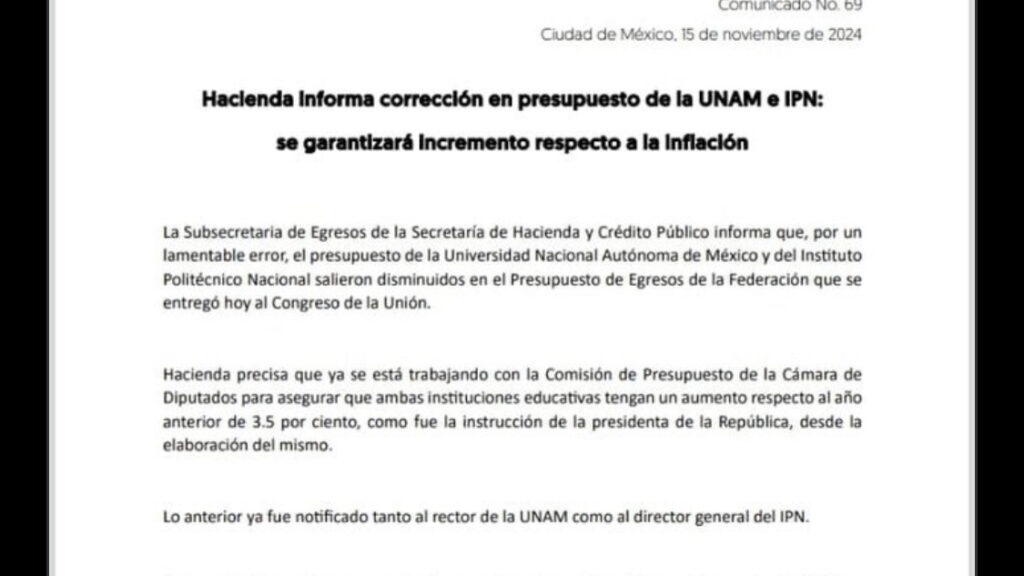 Hacienda garantiza incremento de recursos para la UNAM e IPN respecto a la inflación
