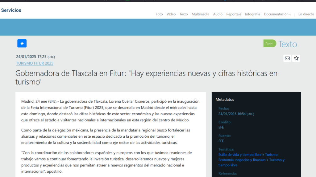 AGENCIA EFE DESTACA PRESENCIA DE LA GOBERNADORA DE TLAXCALA EN FITUR