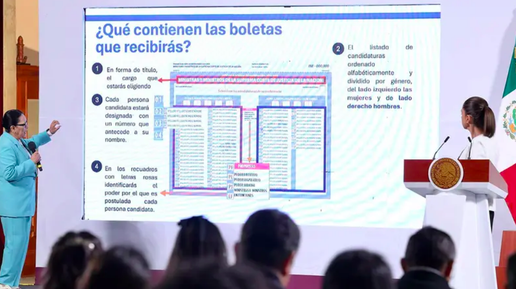 Rosa Icela muestra boletas y proceso de votación para elección del Poder Judicial