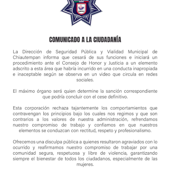 Cesa Ayuntamiento de Chiautempan a policía que robó una cartera