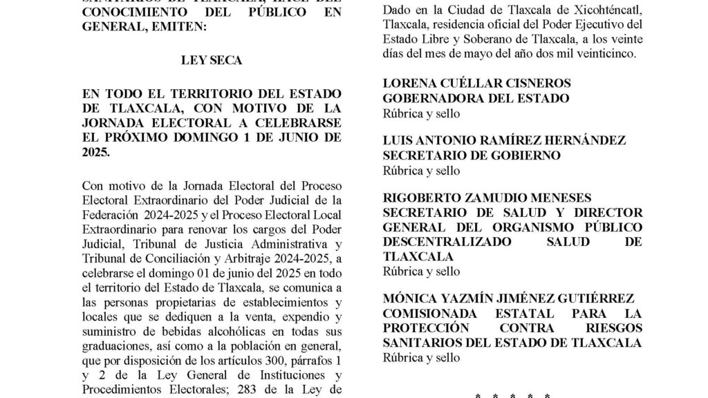 EMITE GOBIERNO DEL ESTADO DECRETO DE LEY SECA PARA LA JORNADA ELECTORAL DEL PRÓXIMO 01 DE JUNIO