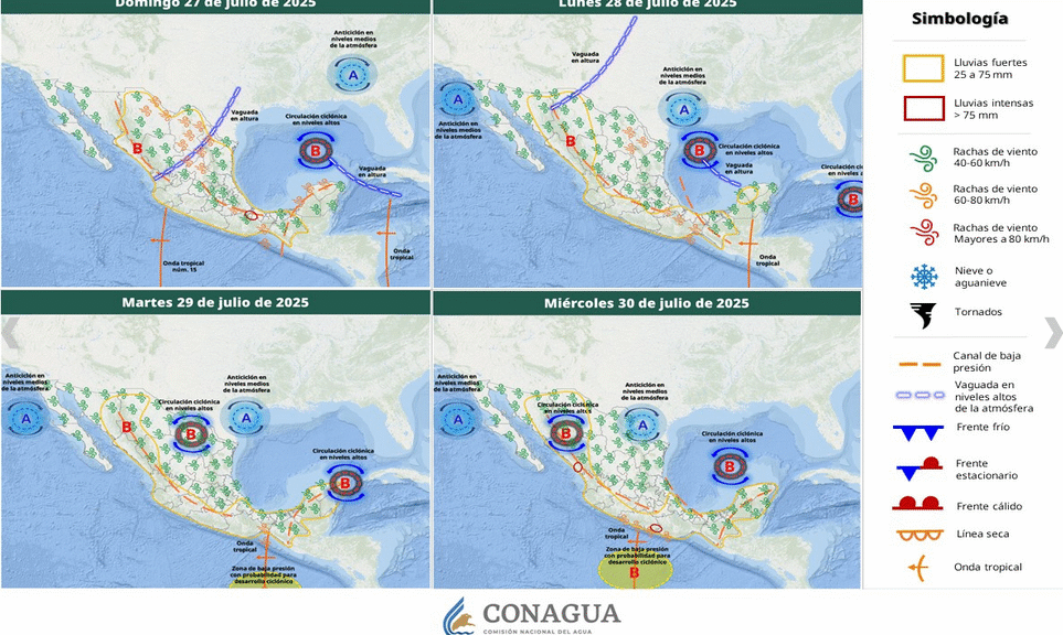 Para el día de hoy se pronostican lluvias intensas en Puebla, Tlaxcala, Veracruz, Guerrero, Oaxaca, Chiapas y Tabasco.