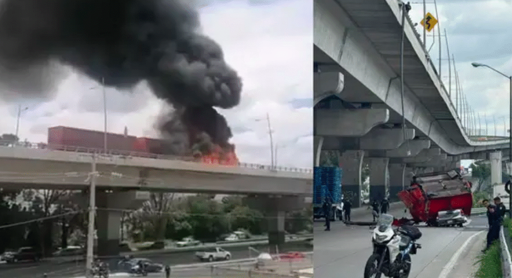 Se incendia camión repartidor en la autopista México-Puebla: una parte aplastó una camioneta