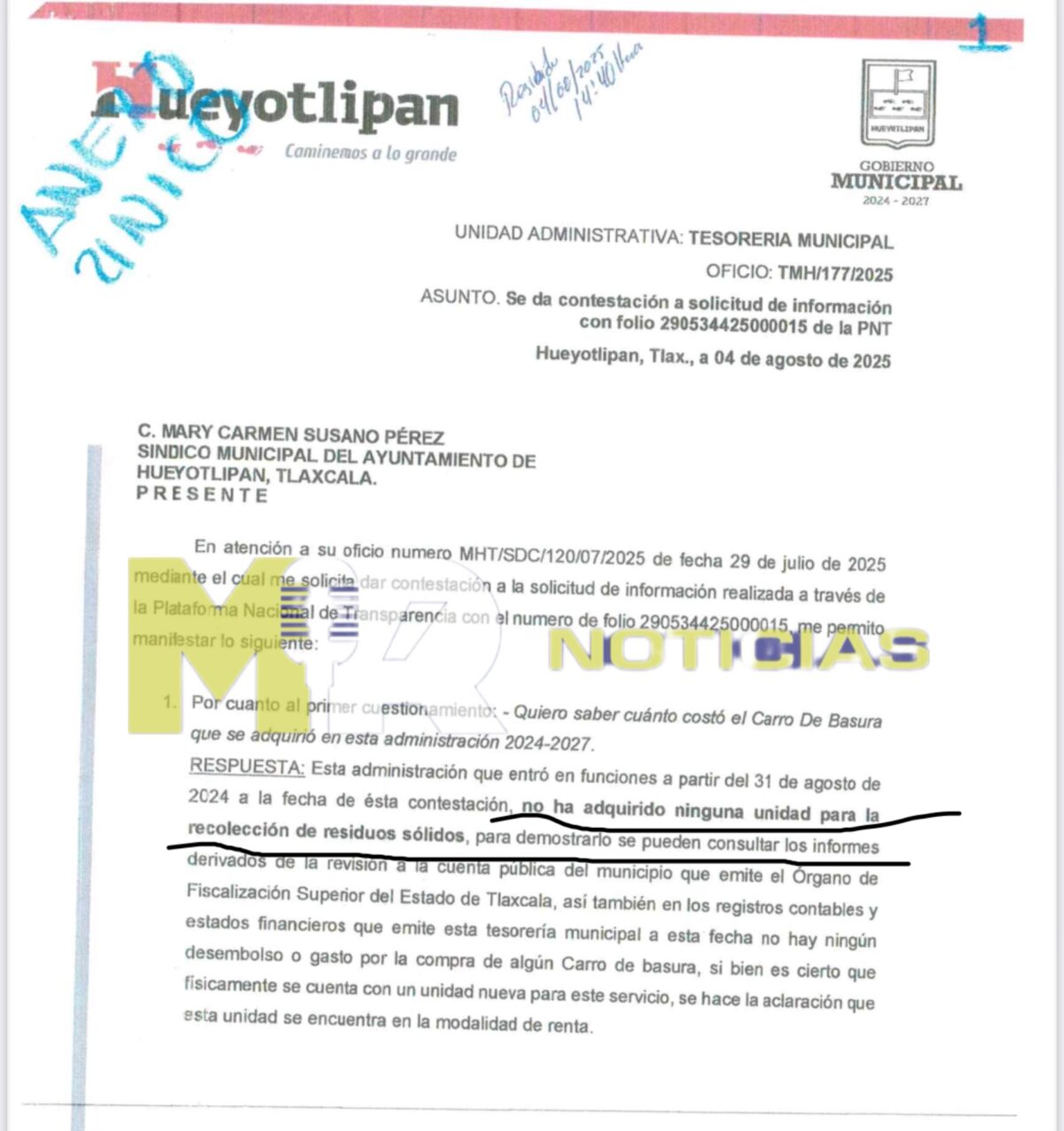 El documento especifica que el ayuntamiento de Hueyotlipan no ha adquirido ninguna unidad recolectora de basura, con lo que se confirma la mentira del edil postulado por Movimiento Ciudadano.