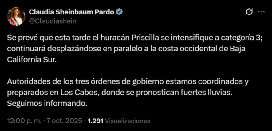 Claudia Sheinbaum advierte que huracán priscilla podría subir a categoría 3