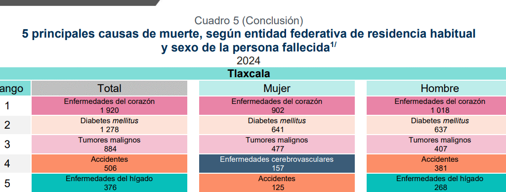 Enfermedades del corazón principal causa de muerte en tlaxcaltecas en 2024: INEGI  