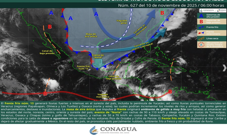 Pronostico de Clima para México , frente frio avanza por gran parte del país.
