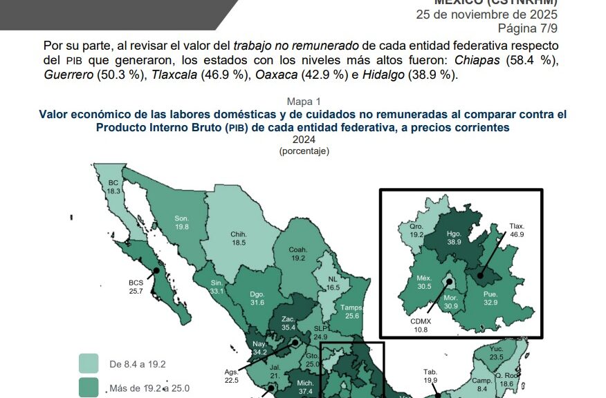 Tlaxcala 3era entidad con mayor proporción de trabajo doméstico y de cuidados no remunerado: Inegi