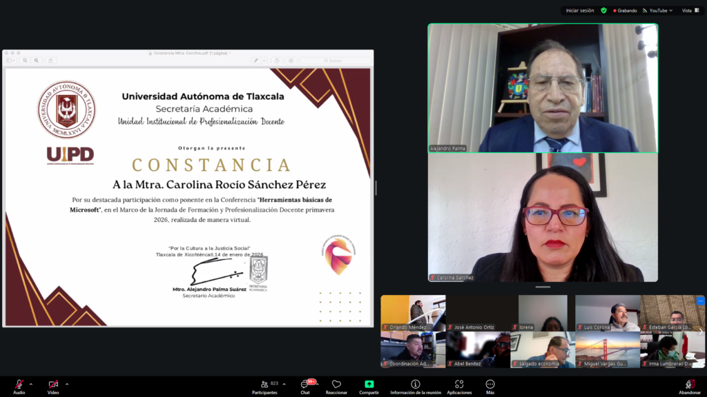 En formato virtual, la ponente explicó las funcionalidades de Microsoft 365 a través de aplicaciones como Word, PowerPoint y Excel, resaltando su integración con Copilot, recurso estratégico incorporado al Sistema Integral de Información Administrativa (SIIA).