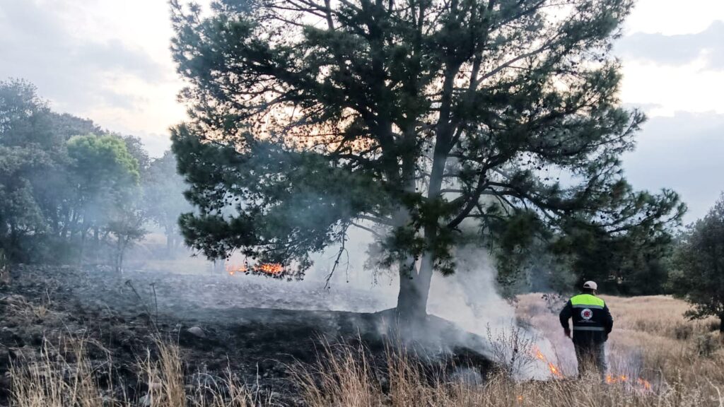 En límites de las comunidades de Tlalcuapan y Muñoztla el equipo de Protección Civil de Chiautempan así como autoridades extinguieron un incendio en pastizales que se extendió rápidamente