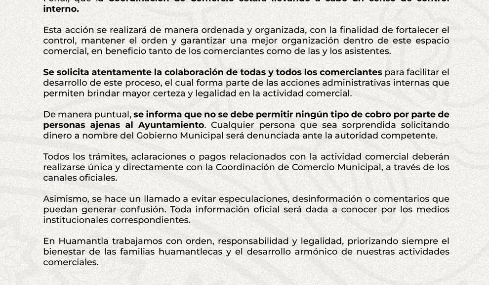 La Coordinación de Comercio, llevará a cabo un censo de control interno en el tianguis que se instala cada miércoles en el Recinto Ferial, con el objetivo de fortalecer la organización y garantizar mayor orden en esta actividad comercial.