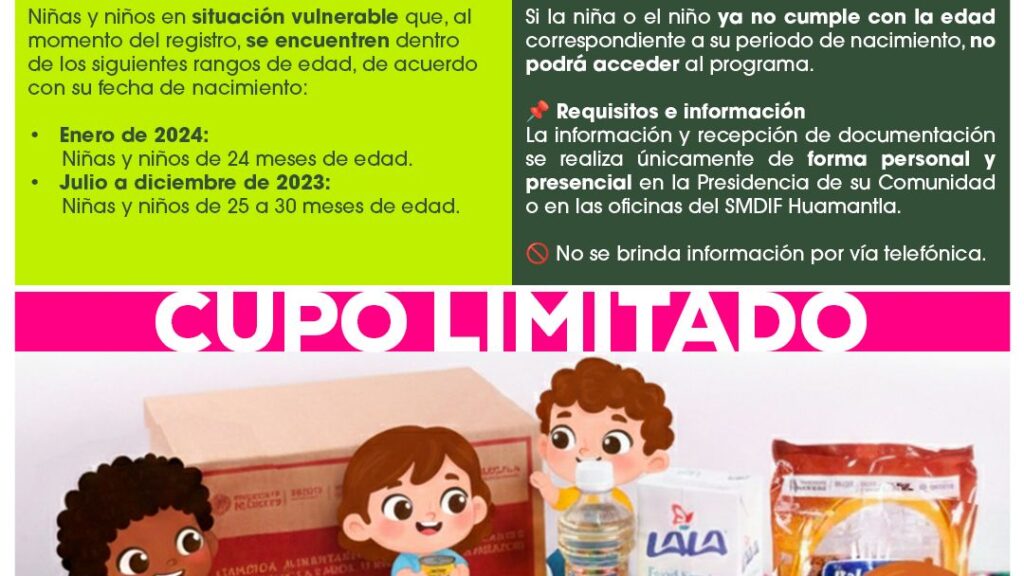 Este programa tiene como objetivo fortalecer la alimentación en las primeras etapas del desarrollo, contribuyendo al bienestar y crecimiento saludable de la niñez huamantleca