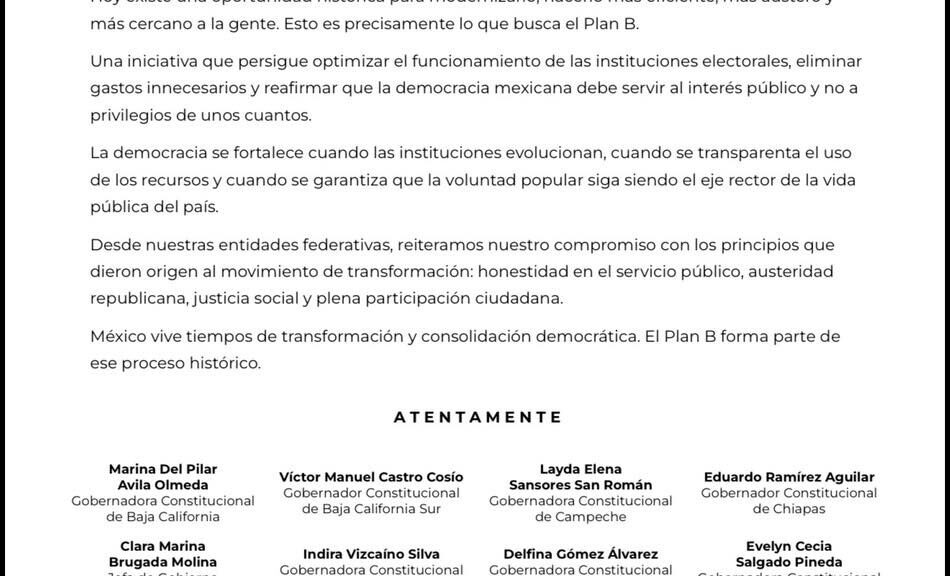 Gobernadoras y gobernadores de la Cuarta Transformación respaldan el Plan B de la presidenta Claudia Sheinbaum