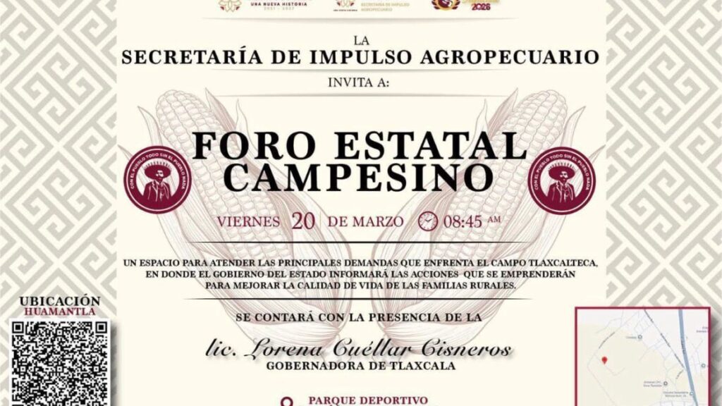 Huamantla será sede del Foro Estatal Campesino, un espacio de diálogo y participación que reunirá a productores agrícolas, pecuarios y acuícolas de todo el estado, con el objetivo de impulsar la producción de alimentos para el autoconsumo de las familias tlaxcaltecas y fortalecer las acciones a favor del sector rural.