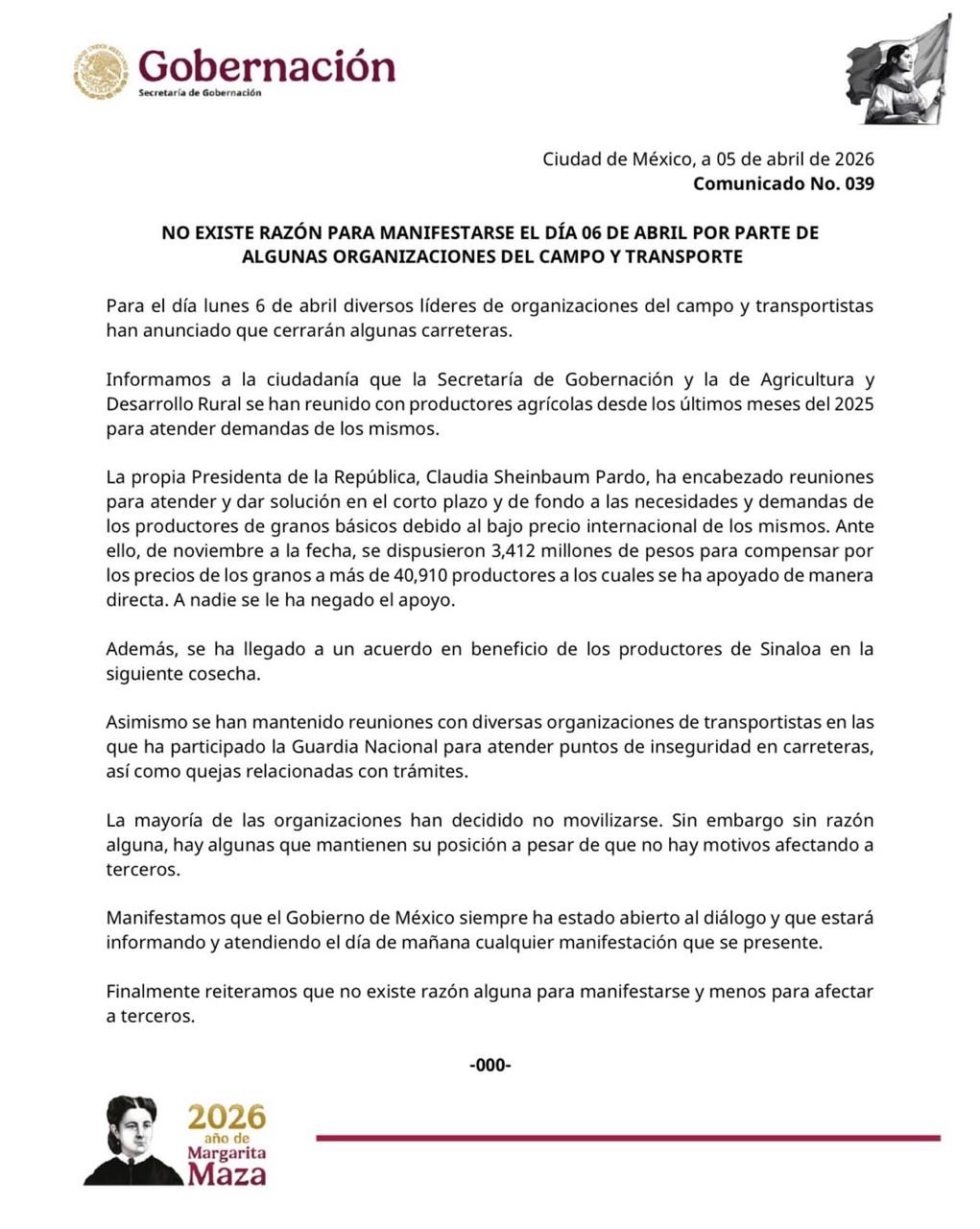 Tras el anuncio del bloqueo carretero, el gobierno federal socializó este comunicado con el que desestima la legitimidad de los convocantes.