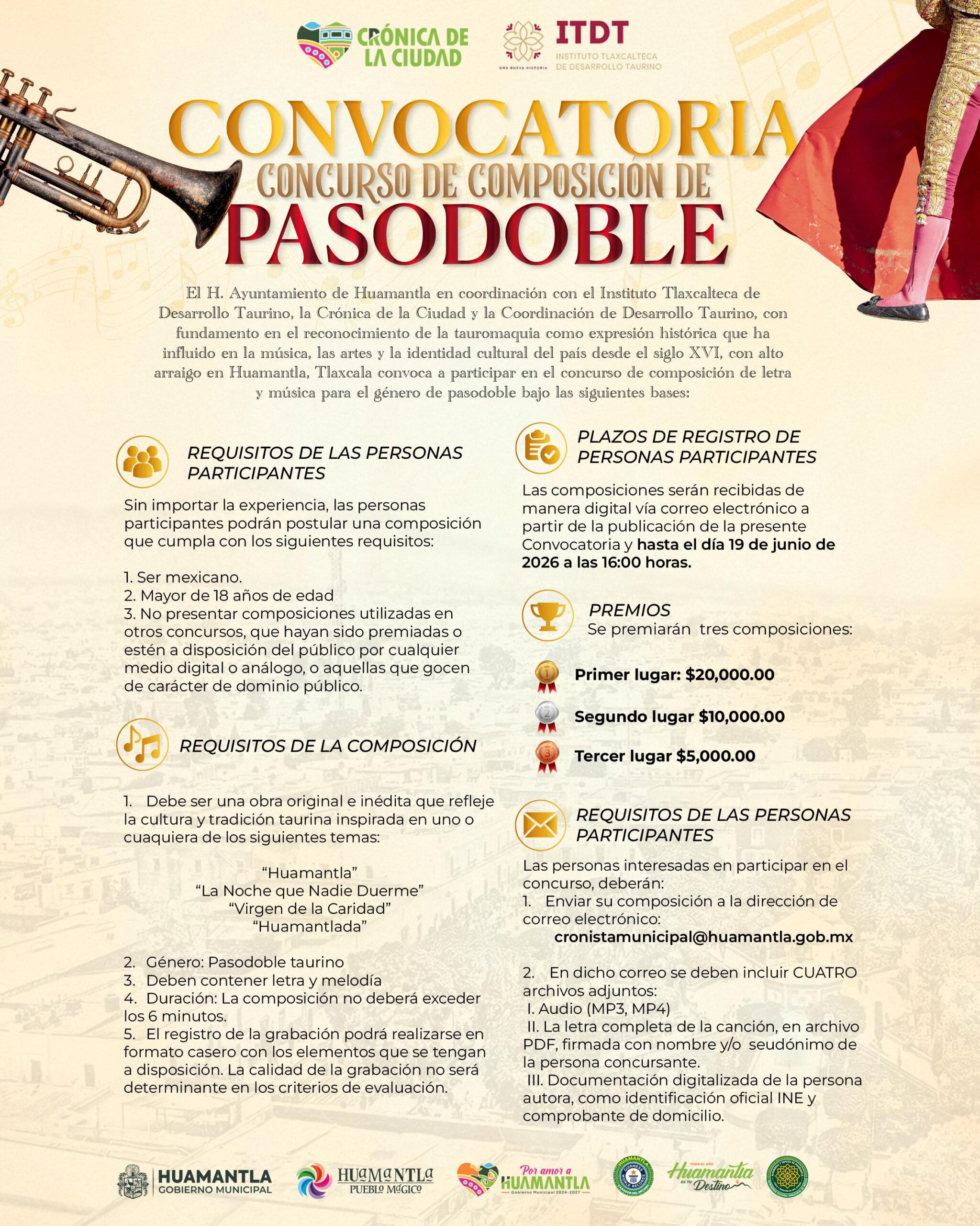 HUAMANTLA INVITA A PARTICIPAR EN EL CONCURSO DE COMPOSICIÓN DE PASODOBLE