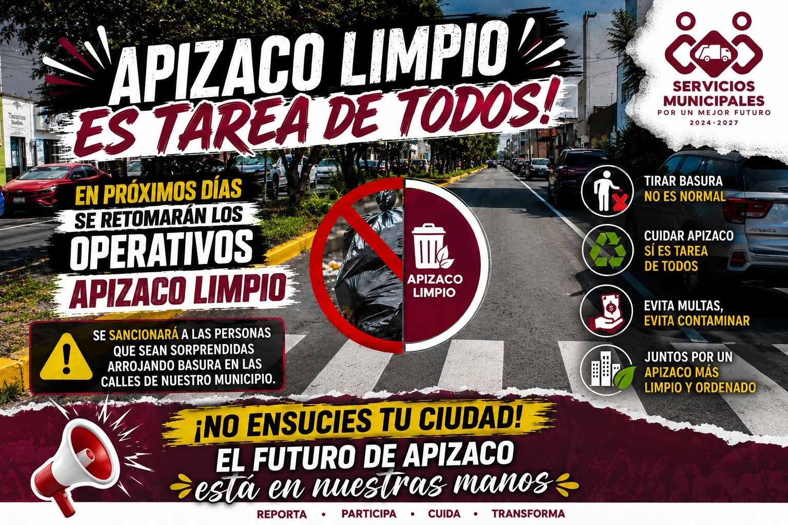 Gobierno Municipal de Apizaco reforzará operativos “Apizaco Limpio” para mantener una ciudad ordenada y libre de basura