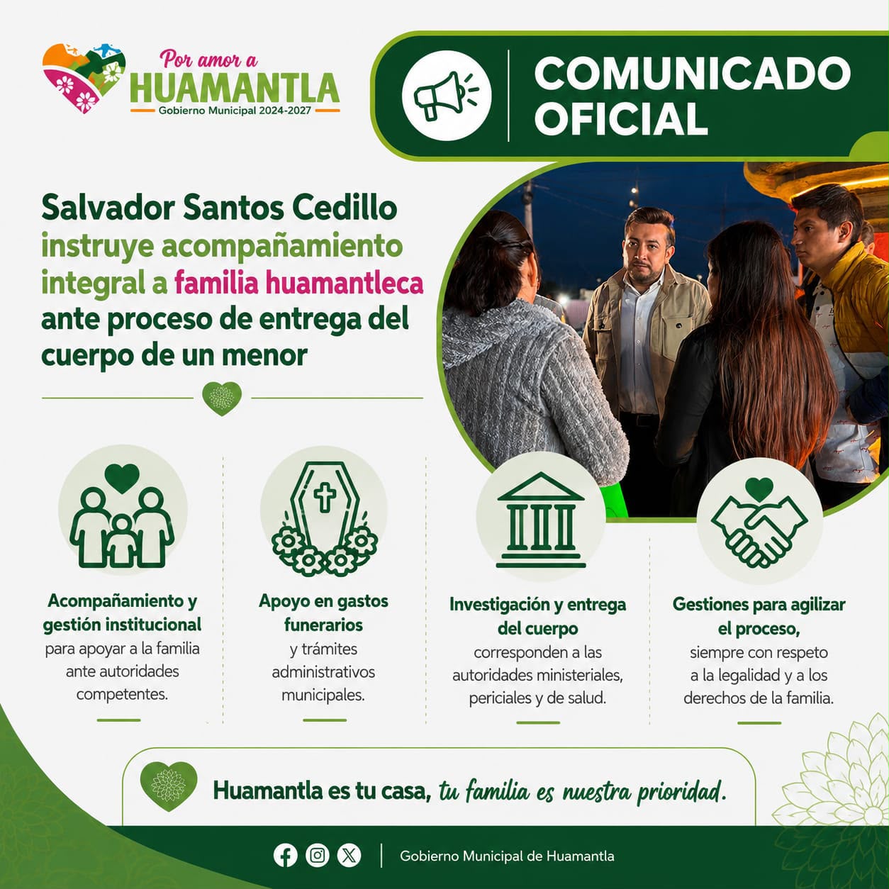 Salvador Santos Cedillo instruye acompañamiento integral a familia huamantleca ante proceso de entrega del cuerpo de un menor