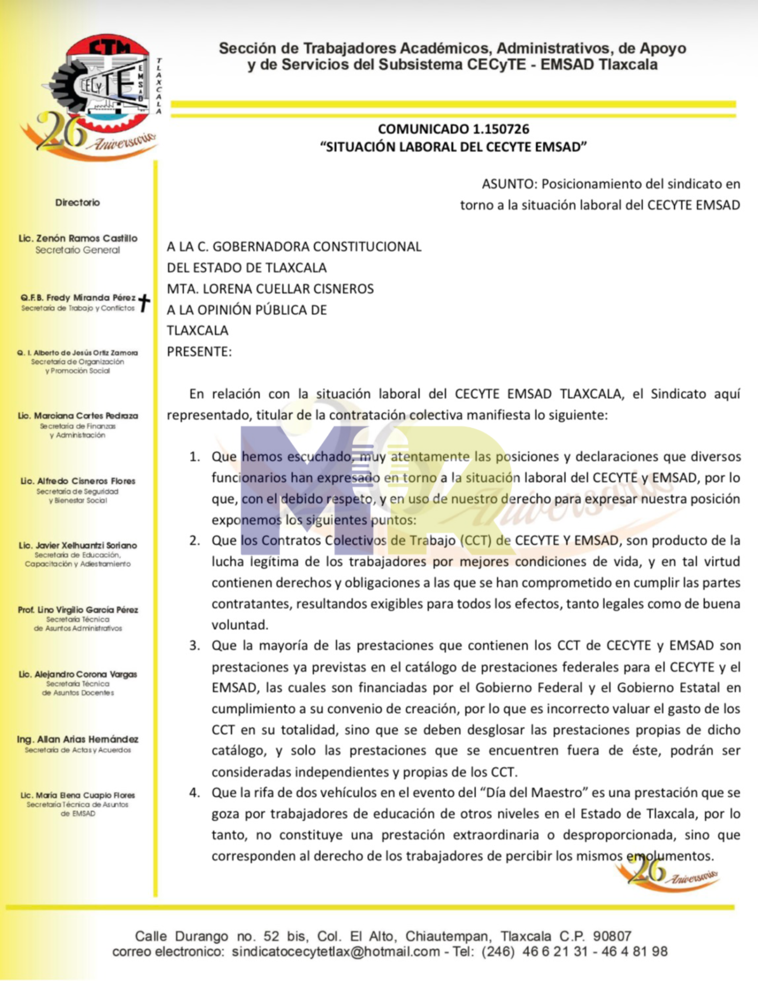 Sindicato del CECyTE-EMSAD defiende contrato colectivo